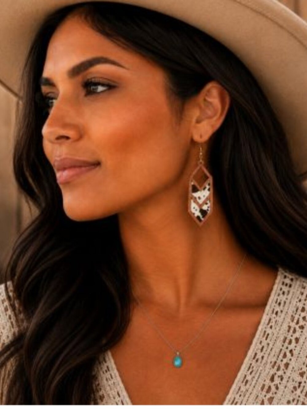 Wilderland Genuine Cowhide & Wood Western Drop Earrings NWT - Picture 3 of 3